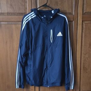 Adidas Men's XL Dark Blue Windbreaker with White Stripes